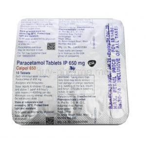 Calpol, Paracetamol 650mg tablet back