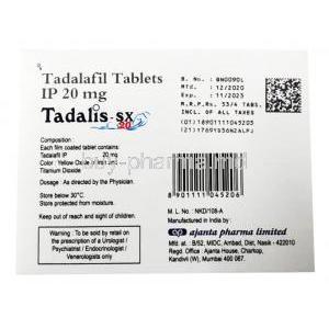 Tadalis SX, Tadalafil 20 mg, Ajanta Pharma, box back presentation with composition, color, dosage, storage instructions and manufacturer name