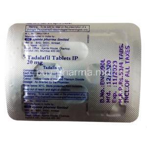 Tadalis SX, Tadalafil 20 mg, Ajanta Pharma, blister pack back  presentation