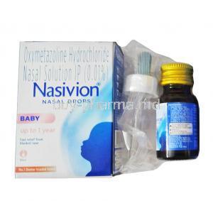Nasivion Nasal Solution, Oxymetazoline Hydrochloride 0.01% 10ml box and bottle