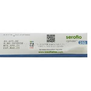 Seroflo Ciphaler, Salmeterol 50mcg Fluticasone 250mcg 60 MDI, Cipla, Box information.