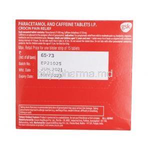 Crocin Pain Relief, Caffeine and Paracetamol box side 2