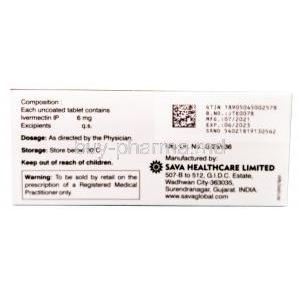 Ivermectin (Sava), Stromectol, 6mg, SAVA Healthcare Limited, box back presentation with information