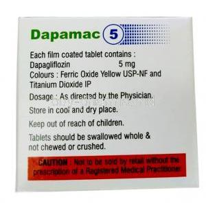 Dapamac 5, Dapagliflozin 5mg, Macleods Pharmaceuticals Pvt Ltd, Box information, Dosage, Caution, Storage