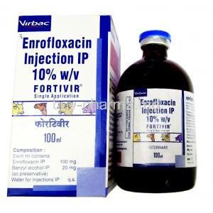 Fortivir Injection, Enrofloxacin 100mg / Benzyl alcohol 20mg, 100ml,Virbac  10% w/v, Box, Bottle information