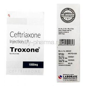 Troxone Injection, Ceftriaxone 1gm(1000mg), Laborate Pharmaceuticals India Ltd, Box back and side presentation