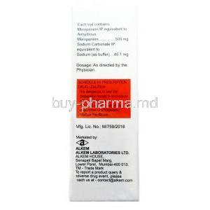 Merosure Injection, Meropenem 500mg, Box information, Composition, Manufacturer, Caution