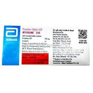 Mysoline, Primidone 250mg, Abbott Healthcare, Box information, Dosage, Storage, Caution