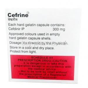 Cefrine, Cefdinir 300mg, capsule, Macleods Pharmaceuticals Ltd, Box information, Dosage, Storage