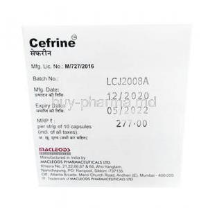 Cefrine, Cefdinir 300mg, capsule, Macleods Pharmaceuticals Ltd, Box information, Mfg date, Exp date, Batch no., Manufacturer