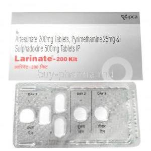 Larinate Kit, Artesunate 200mg x 3 tabs, Pyrimethamine 25mg and Sulphadoxine 500mg x 3 tabs, Ipca Laboratories Ltd, Box, Blisterpack