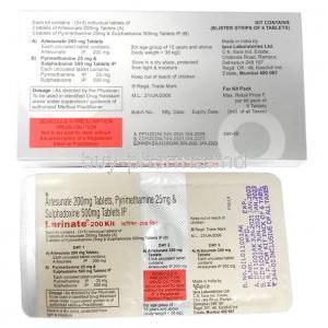 Larinate Kit, Artesunate 200mg x 3 tabs, Pyrimethamine 25mg and Sulphadoxine 500mg x 3 tabs, Ipca Laboratories Ltd, Box and Blisterpack information