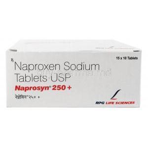 Naprosyn 250 +(Plus), Naproxen 275mg, RPG Life Sciences Ltd, Box front view