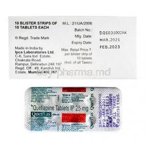 Quel 25, Quetiapine 25mg,Tablet, Ipca Laboratories Ltd, Box and Blisterpack information