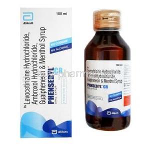 Phensedyl CR Syrup, Ambroxol(15mg per 5ml)+Guaifenesin (50mg per 5ml)+Levocetirizine (2.5mg per 5ml)+Menthol(1mg per 5ml),100ml, Abbott, Box and bottle front view