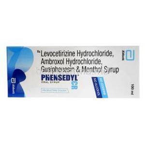 Phensedyl CR Syrup, Ambroxol (15mg per 5ml)+Guaifenesin (50mg per 5ml)+Levocetirizine (2.5mg per 5ml)+Menthol (1mg per 5ml),100ml, Abbott, Box front view