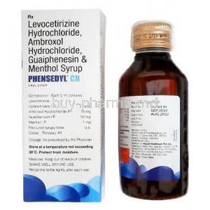 Phensedyl CR Syrup, Ambroxol(15mg per 5ml)+Guaifenesin (50mg per 5ml)+Levocetirizine (2.5mg per 5ml)+Menthol(1mg per 5ml),100ml, Abbott, Box and bottle information-1