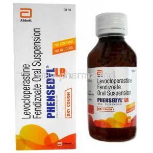Phensedyl LR Oral Suspension, Levocloperastine 20mg per 5ml, 100ml, Abbott, Box and bottle front view