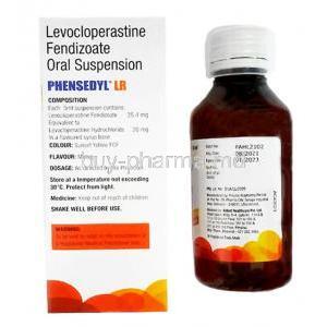 Phensedyl LR Oral Suspension, Levocloperastine 20mg per 5ml, 100ml, Abbott, Box and bottle information, Composition, Storage, Mfg date, Exp date