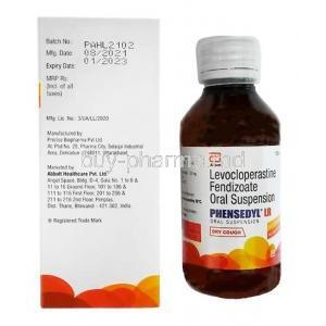 Phensedyl LR Oral Suspension, Levocloperastine 20mg per 5ml, 100ml, Abbott, Box and bottle information, Mfg date, Exp date