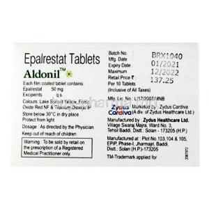 Aldonil, Epalrestat 50mg, Tablet, Zydus, Box information, Manufacturer, Contents, Batch no, Mfg date, Exp date