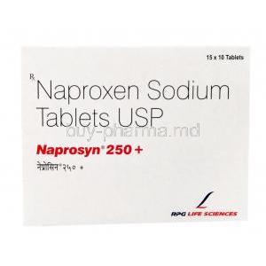 Naprosyn 250 +(Plus), Naproxen 275mg, RPG Life Sciences Ltd, Box side view