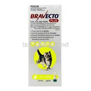 BRAVECTO Plus, Fluralaner 112.5mg and Moxidectin5.6mg,F or Small Cats (1.2-2.8kg), 0.4ml, MSD Animal Health,  Box front view