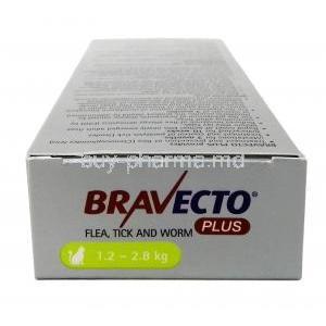 BRAVECTO Plus, Fluralaner 112.5mg and Moxidectin5.6mg,F or Small Cats (1.2-2.8kg), 0.4ml, MSD Animal Health,  Box top view