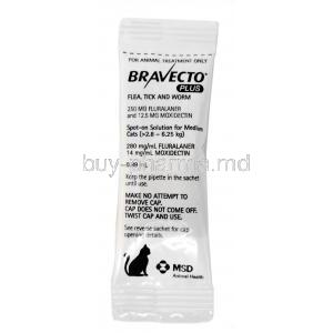 BRAVECTO Plus, Fluralaner 250mg, Moxidectin12.5mg,For Medium Cats (2.8-6.25kg), 0.89ml X 1pipette, MSD Animal Health,  Pipette information, Direction