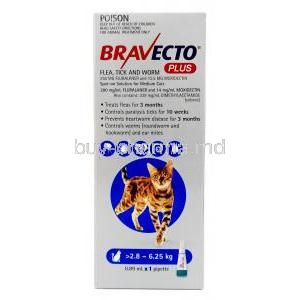 BRAVECTO Plus, Fluralaner 250mg, Moxidectin12.5mg,For Medium Cats (2.8-6.25kg), 0.89ml X 1pipette, MSD Animal Health, Box front view