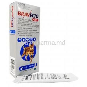 BRAVECTO Plus, Fluralaner 250mg, Moxidectin12.5mg,For Medium Cats (2.8-6.25kg), 0.89ml X 1pipette, MSD Animal Health, Box, Pipette