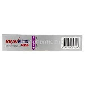 BRAVECTO Plus, Fluralaner 500mg, Moxidectin 25mg,For Large cats,1.79ml X 2pipettes, MSD Animal Health, Box side view