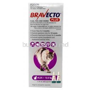 BRAVECTO Plus, Fluralaner 500mg, Moxidectin 25mg, For Large cats,1.79ml X 2pipettes, MSD Animal Health, Box front view