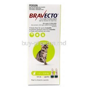 Bravecto Spot On, Fluralaner 112.5mg (1.2kg-2.8kg), 2pipettes X  0.4ml, MSD Animal Health, Box front view
