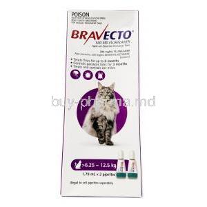Bravecto Spot On, Fluralaner 500mg (6.25kg-12.5kg), 2pipettes X 1.79ml, MSD Animal Health, Box front view