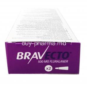 Bravecto Spot On, Fluralaner 500mg(6.25kg-12.5kg), 2pipettes X 1.79ml, MSD Animal Health,Box top view