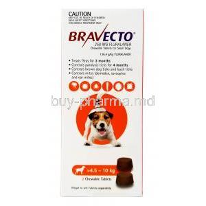 Bravecto Chewable, Fluralaner 250mg, for Small Dogs (4.5kg-10kg), 2tablets, MSD Animal Healthcare, Box front view