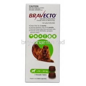 Bravecto Chewable, Fluralaner 500mg,for Medium Dogs (10kg-20kg), 2tablets, MSD Animal Healthcare,Box front view