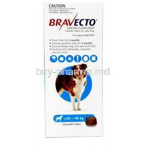Bravecto Chewable, Fluralaner 1000mg,for Large Dogs (20kg-40kg),1tablet, MSD Animal Healthcare,Box front view