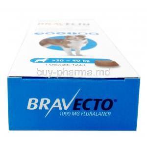 Bravecto Chewable, Fluralaner 1000mg,for Large Dogs (20kg-40kg),2tablets, MSD Animal Healthcare,Box top view