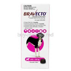 Bravecto Chewable, Fluralaner 1400mg,for Very Large Dogs (40kg-56kg), 1tablet, MSD Animal Healthcare,Box front view