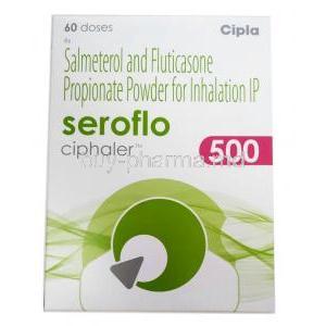 Seroflo 500 Ciphaler,  Salmeterol 72.5mcg Fluticasone 500mcg 60 MDI, Cipla, Box