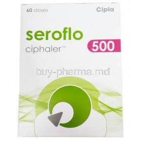 Seroflo 500 Ciphaler, Salmeterol 72.5mcg Fluticasone 500mcg 60 MDI, Cipla, Box front view