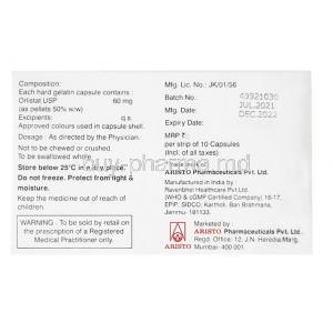 O-Stat 60, Orlistat 60mg, Aristo Pharmaceuticals, Box information