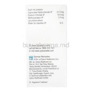 Xylocaine Injection,Lignocaine 2%, 30ml, Zydus Cadila, Box information, Manufacturer, Dosage