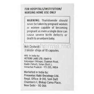 Thalix, Thalidomide 100mg, Capsule, Fresenius Kabi,Box information, Warning, Manufacturer