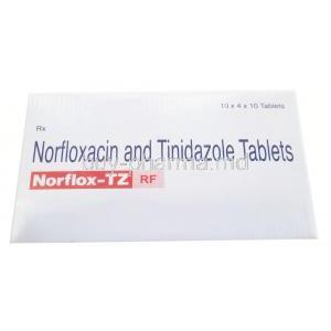 Norflox-TZ, Tinidazole 600mg, Norfloxacin 400mg, Lactobacillus 120Millionspores, Cipla Box top view