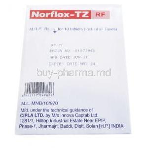 Norflox-TZ, Tinidazole 600mg, Norfloxacin 400mg, Lactobacillus 120Millionspores, Cipla Box information, Batch no, Mfg date, Exp date