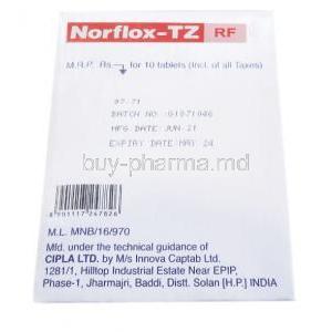 Norflox-TZ, Tinidazole 600mg, Norfloxacin 400mg, Lactobacillus 120Millionspores, Cipla Box information, Batch no, Mfg date, Exp date
