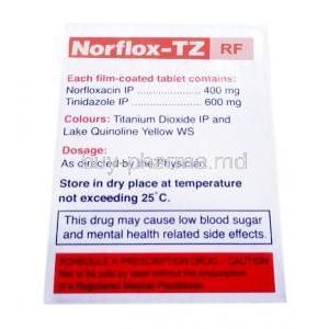 Norflox-TZ, Tinidazole 600mg, Norfloxacin 400mg, Lactobacillus 120Millionspores, Cipla Box information, Dosage, Storage